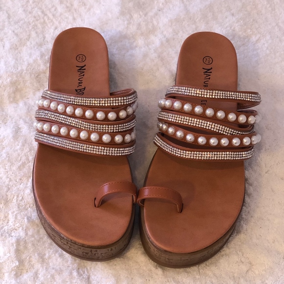 Nature Breeze Tan Pearl Rhinestone Flatform Sandal - Picture 4 of 5